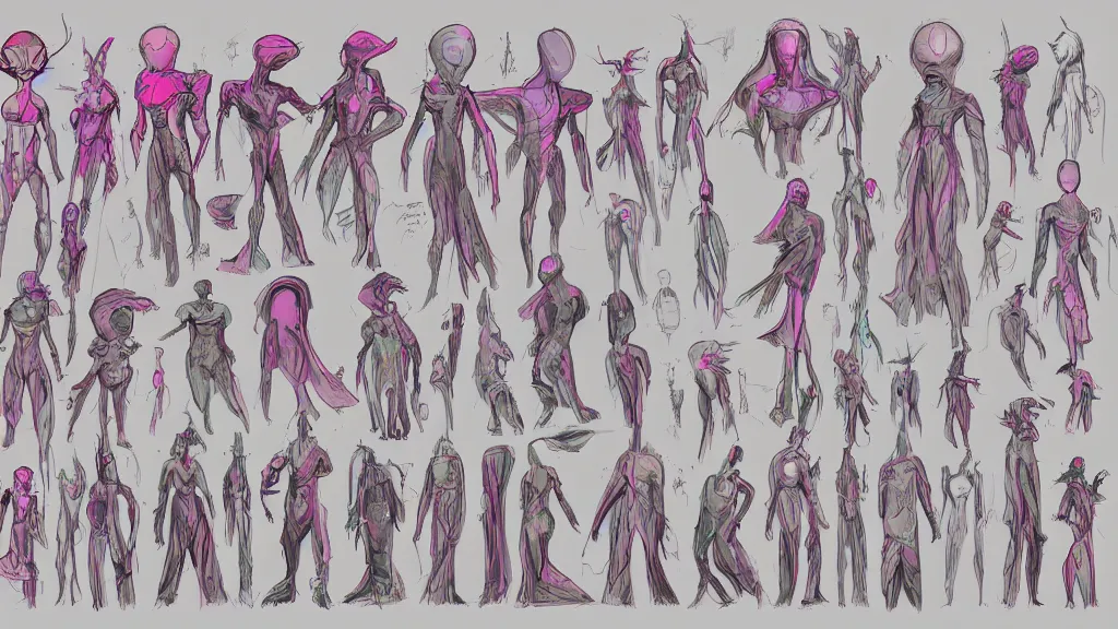Image similar to concept art, colorful character sheet for an androgynous extraterrestrial with large bulbous head, religious robes, retrofuture, fantastic planet, moebius, valerian, coherent, illustration, digital art, trending on artstation, hd, 8 k, good lighting, beautiful, rough paper, masterpiece