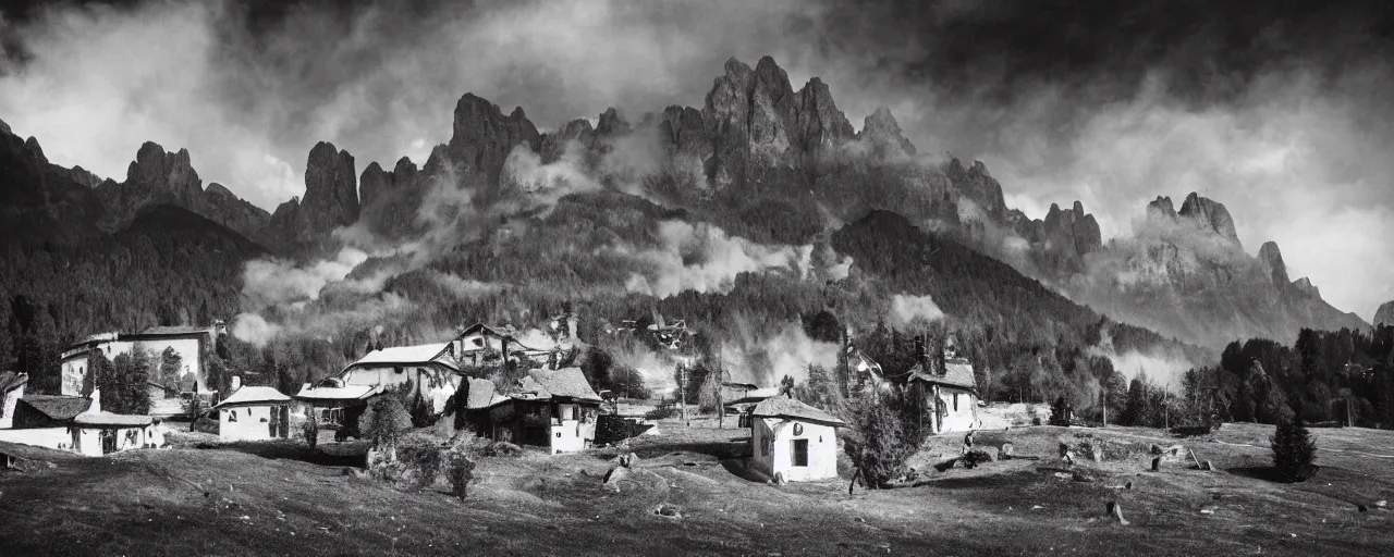 Image similar to 1920s black and white photography of an isolated old village with ghostly wood buildings in the dolomites, big tyrolean solstice fire