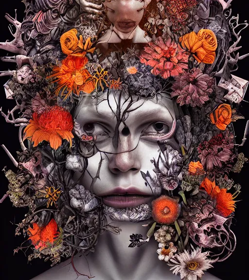 Image similar to portrait, nightmare anomalies, flowers by dariusz zawadzki, kenneth blom, mental alchemy, james jean, pablo amaringo, naudline pierre, contemporary art, hyper detailed