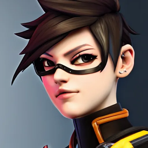 Image similar to tracer overwatch wearing black choker, dark makeup, feminine facial features, detailed eyes, detailed face, 4 k,