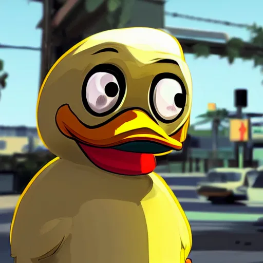 Prompt: An anthropomorphic duck as a GTA character, GTA artwork midshot, by Rockstar Games