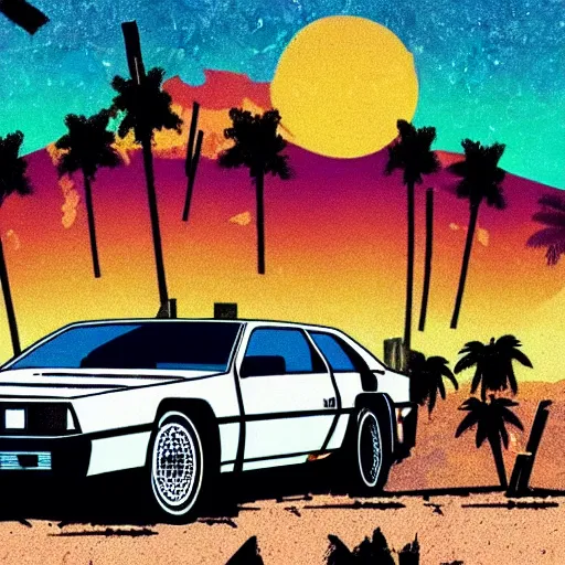 Image similar to wasteland hotline miami desert apocalypse car wide shot landscape nuke fire craters end of the world miami beach sunset palm trees 80s synth retrowave delorean decal