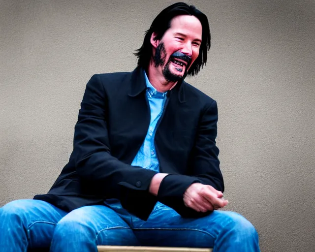 Image similar to 5 5 mm photo of happy keanu reeves in blue jeans and black jacket sitting on a bench in the street. dof. lifelike. ultra detailed. intricate. soft light. nikon d 8 5 0.