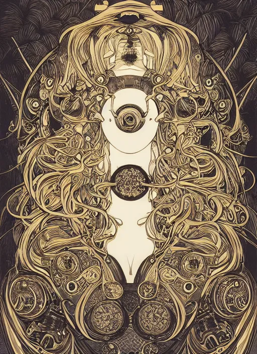 Image similar to photographer looking through camera, design on white background, gnarly details, gold, drawn by studio ghibli, alphonso mucha, lolish, trending on artstation