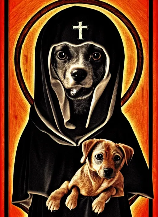 Prompt: the puppy, a character portrait by master of the legend of saint lucy, movie poster, pixabay contest winner, gothic art, grotesque, demonic photograph, macabre