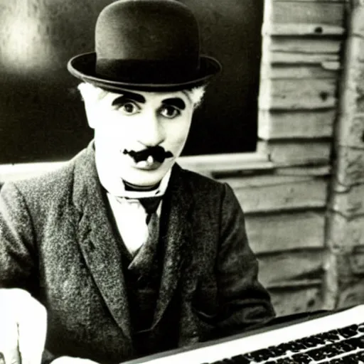 Image similar to an old photo of charlie chaplin using a laptop