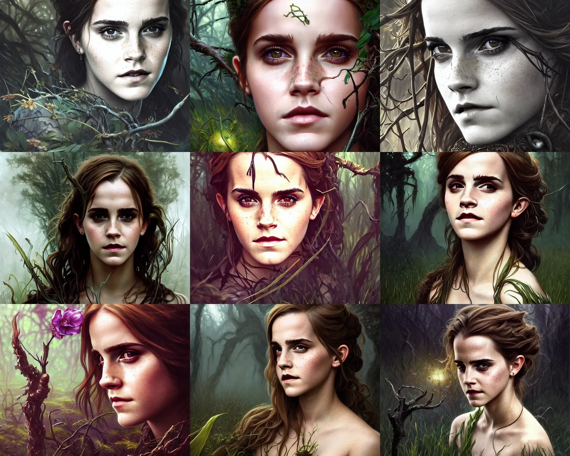 Prompt: mindblowing portrait of emma watson as a swamp witch, deep focus, d & d, fantasy, intricate, elegant, highly detailed, digital painting, artstation, concept art, matte, sharp, illustration, hearthstone, art by artgerm and greg rutkowski and alphonse mucha