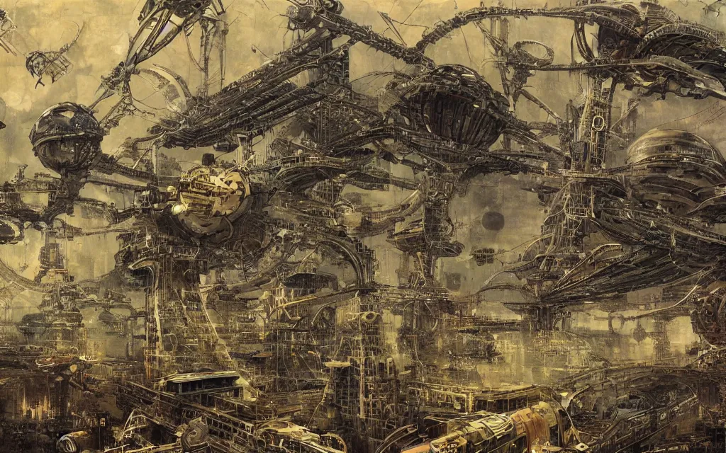 Prompt: complex alien technology in the form of a large space station, with different sections and levels, each with its own purpose by richard dadd and russ mills, style of atompunk