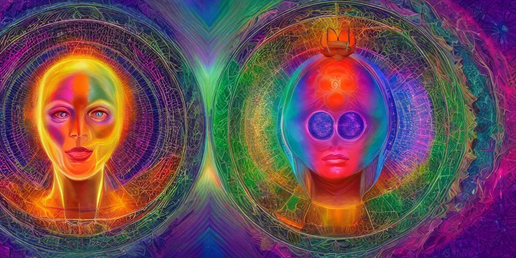 Image similar to trasnformation into transcendence into collaborative intelligence, endless collaboration with ai, connectedness, body, by alex grey, album cover, award winning, beautiful, colorful, volumetric lighting, trending on artstation, cinematic