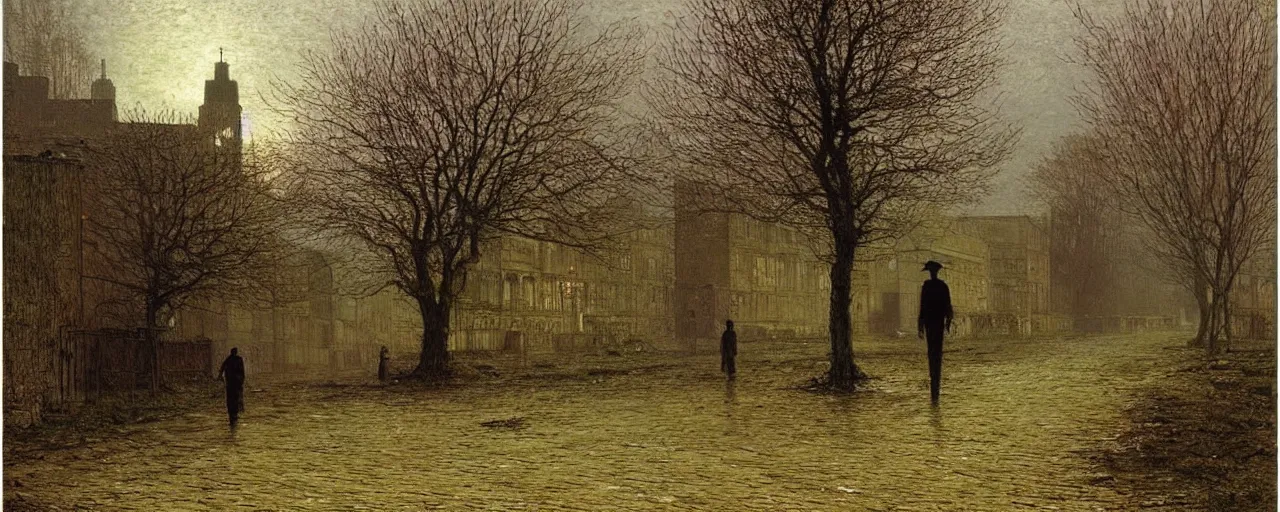 Image similar to a boy lost in a ghost town, in the style of john atkinson grimshaw, landscape, romanticism, streetscape, symbolism, impressionism