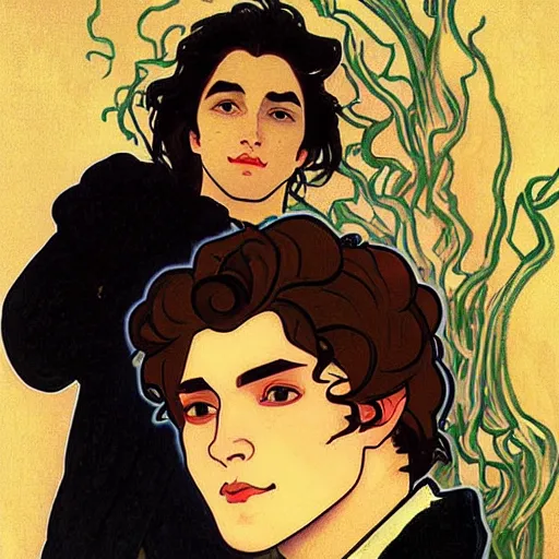 Image similar to painting of young cute handsome beautiful dark medium wavy hair man in his 2 0 s named shadow taehyung and cute handsome beautiful min - jun together at the halloween! party, bubbling cauldron!, candles!, smoke, autumn! colors, elegant, wearing suits!, clothes!, delicate facial features, art by alphonse mucha, vincent van gogh, egon schiele