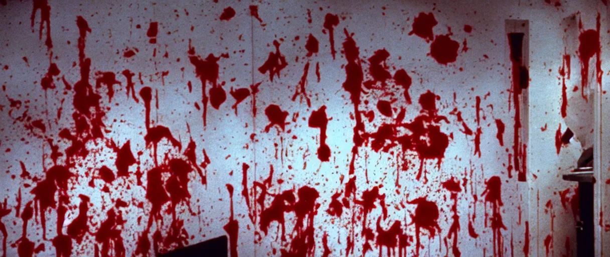 Image similar to filmic wide shot angle movie still 35mm film color photograph of a decapitated doctor with blood spewing from his neck and splattered blood all over the walls in a science lab in the style of a 1982 horror film