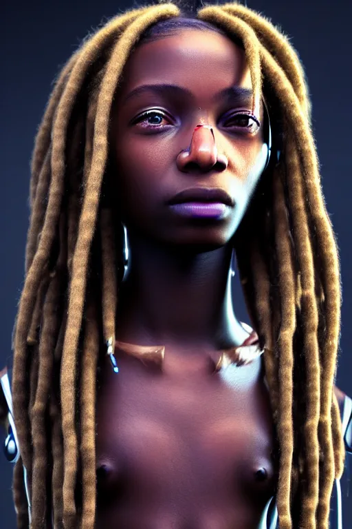 Image similar to a very detailed portrait of a young cyberpunk Africanchild with dreadlocks, biot ech, machine, photorealistic, highly detailed rendering with a cyberpunk style_ robotic arms MetaHuman, unreal engine, defined cheekbones, dramatic cinematic lighting