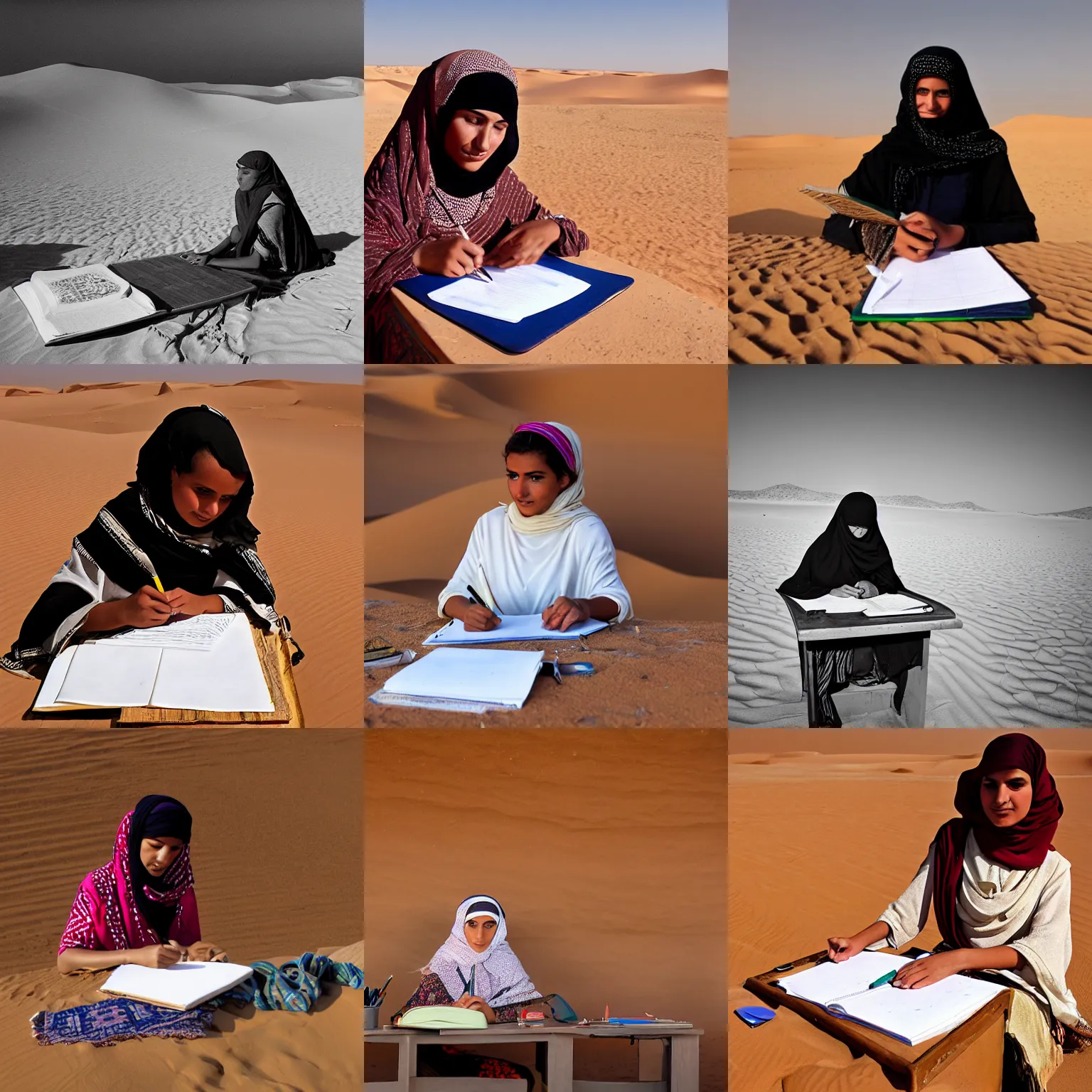 Prompt: a young bedouin lady at doing her homework at a desk in the sahara desert
