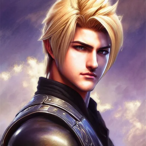 Prompt: Cody Christian as Cloud Strife, western, D&D, fantasy, intricate, elegant, highly detailed, digital painting, artstation, concept art, matte, sharp focus, illustration, art by Artgerm and Greg Rutkowski and Alphonse Mucha