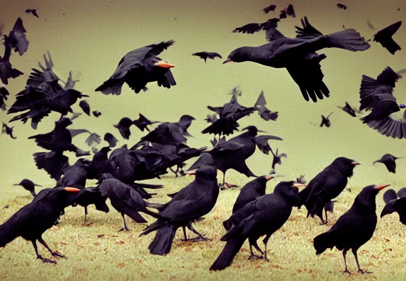 Prompt: 1996 infomercial where people selling products are attacked by crows, grainy