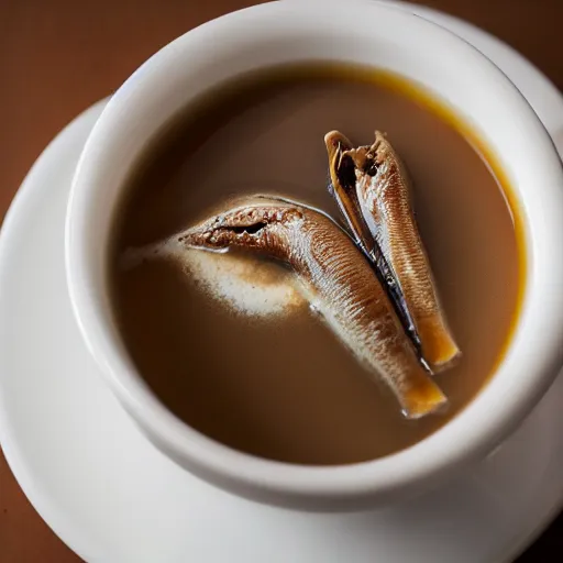 Prompt: anchovies floating in a white porcelain cup of chai milk tea, macro restaurant photo