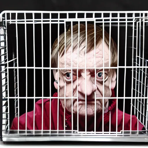 Image similar to mark e smith in a small cage at the pet store, the cage has for sale tag, 4 k