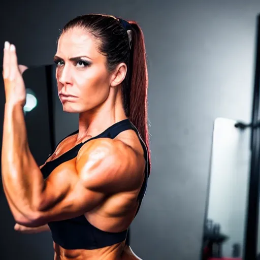 Image similar to female bodybuilder looking skeptically at her reflection in a full body mirror