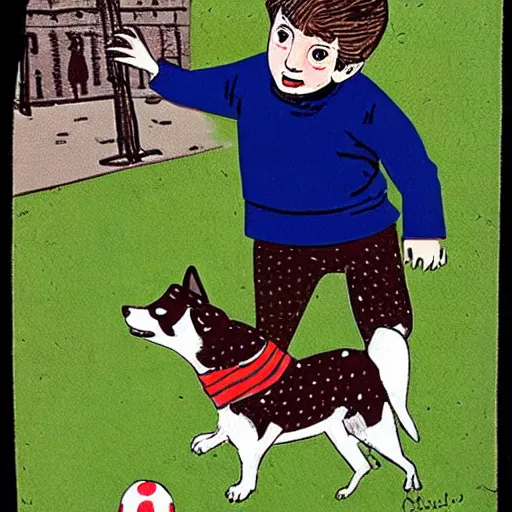 Image similar to book illustration of a french boy on the streets of paris playing football against a corgi, the dog is wearing a polka dot scarf, 1 9 6 6