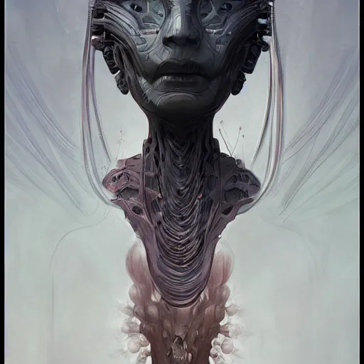 Image similar to A portrait of a robot by Wayne Barlowe, Zdzislaw Beksinski and Peter Mohrbacher, detailed, sharp, digital art, trending on Artstation