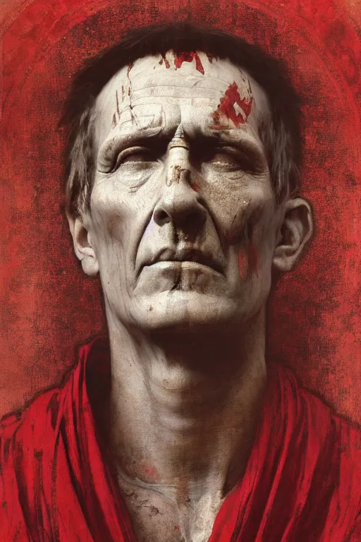 Image similar to the end is near. a tired julius caesar is sitting on a throne. portrait. face is highly detailed. intricate. splices of red are running down his toga. close shot. dark background. soft light. imagined by jeremy lipking and alphonse mucha