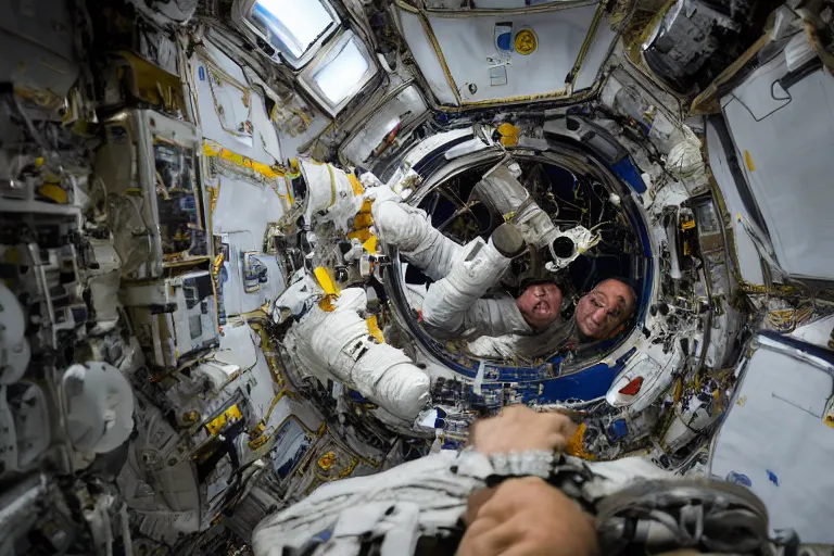 Prompt: astronaut repairing intergalactic space station in orbit By Emmanuel Lubezki