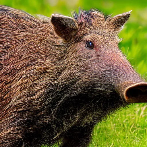 Image similar to photorealistic photograph of rainbow-colored wild boar by Suzi Eszterhas, photorealism, photorealistic, realism, real, highly detailed, ultra detailed, detailed, f/2.8L Canon EF IS lens, Canon EOS-1D Mark II, Wildlife Photographer of the Year, Pulitzer Prize for Photography, 8k