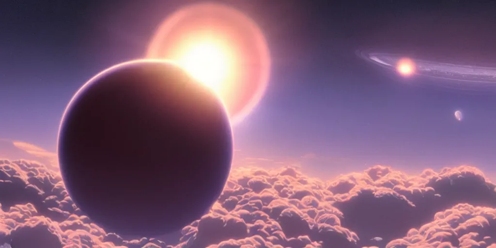 Image similar to blue dreamy cloudscape with a single planet in the clouds, ringed planet, daylight, cinematic lighting, cinematic perspective, syd mead, john harris, federico pelat,