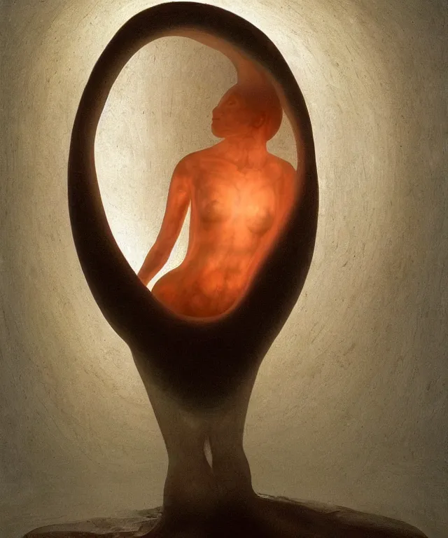 Prompt: Beautiful full-body wax sculpture of a glowing transparent woman inside egg with melted white wax inside the singularity where stars becoming baroque folds of dark matter by Michelangelo da Caravaggio, Nicola Samori, William Blake, Alex Grey and Beksinski, dramatic volumetric lighting, highly detailed oil painting, 8k, masterpiece