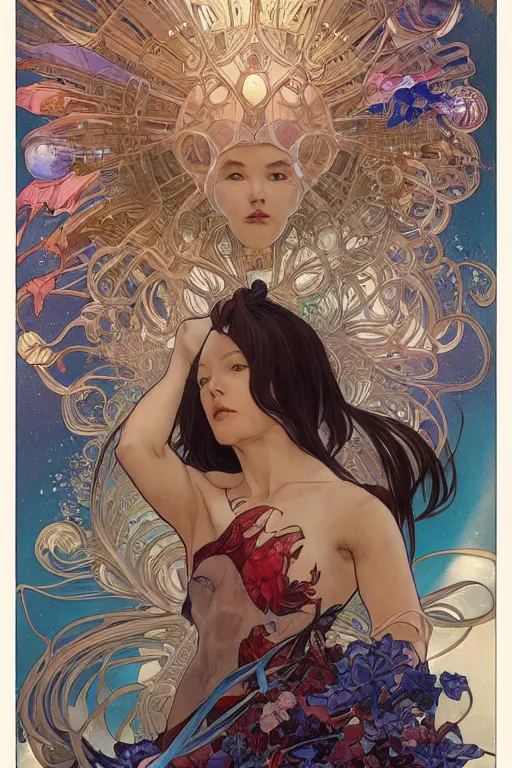 Image similar to swimming through time, by artgerm and yoshitaka amano and moebius and alphonse mucha, hyperdetailed, dc comics, ornate, nebula, explosions in the sky, trending on artstation