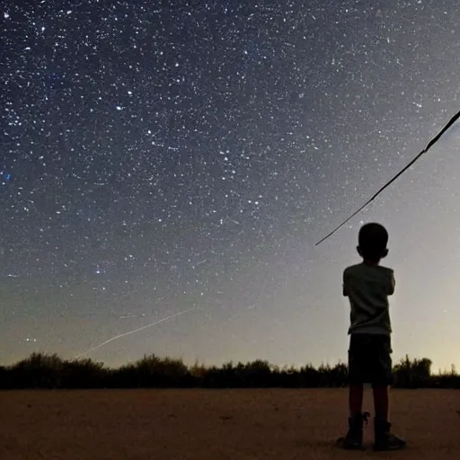 Image similar to a boy look to sky saw a huge meteor approach to earth