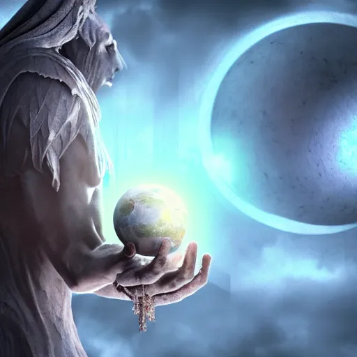 Image similar to a god holding a planet, 8K resolution, HDR, soft focus, macro photography, digital art, ambient occlusion, gothic art, hyperdetailed, Unreal Engine, ethereal, dynamic lighting, stunning visuals, creative, trending on art station, ultra detailed