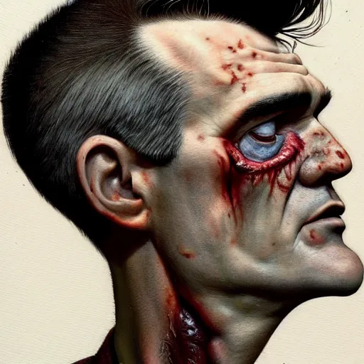 Image similar to side view of morrissey as a zombie with cuts and with a large quiff and thick eyebrows and warm brown lighting, 7 days to die zombie, realistic proportions, fine art, award winning, intricate, elegant, sharp focus, cinematic lighting, digital painting, 8 k concept art, art by brom, art by michael hussar, 8 k