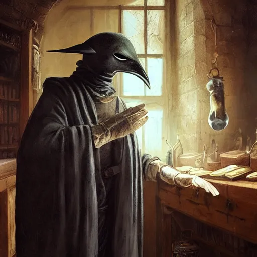 Prompt: plague doctor working in medieval apothecary wearing gloves, bird beak, magical alchemy laboratory, oil painting, by Greg Rutkowski