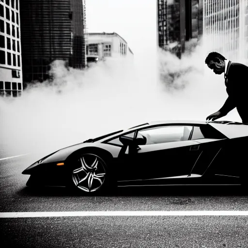 Image similar to black and white press photograph of a tired man, man in a black suit, pushing a lamborghini that is out of gas on a busy city street, sideview, detailed, natural light, mist, film grain, soft vignette, sigma 5 0 mm f / 1. 4 1 / 1 0 sec shutter, imax 7 0 mm footage