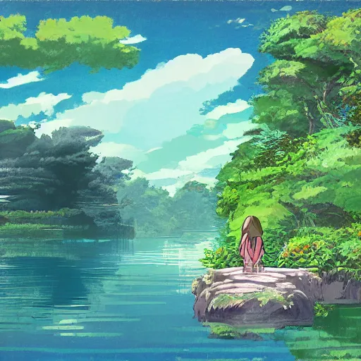 Image similar to a beautiful lake, fantasy art, 2 d, by studio ghibli