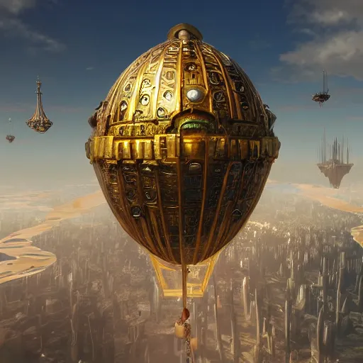 Prompt: enormous flying city in a faberge egg, sky, steampunk, fantasy art, masterpiece, unreal engine, artstation