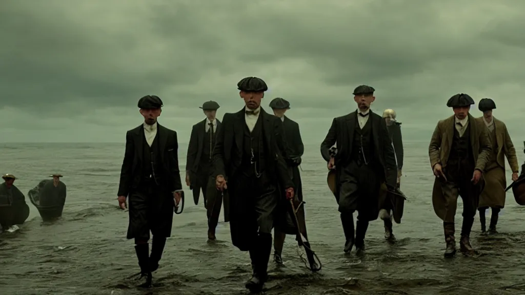 Prompt: the peaky blinders crew with shrimp heads coming out of the ocean film still from the movie directed by denis villeneuve with art direction by zdzis