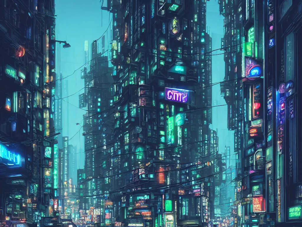 Prompt: hyperrealistic matte painting of a city street at night, art deco buildings, by hugh ferris, noriyoshi ohrai, complex buildings, cyberpunk ads, cyberpunk signs, blue, green, fine detail, polished, sharp focus, octane, cgsociety, trending on artstation