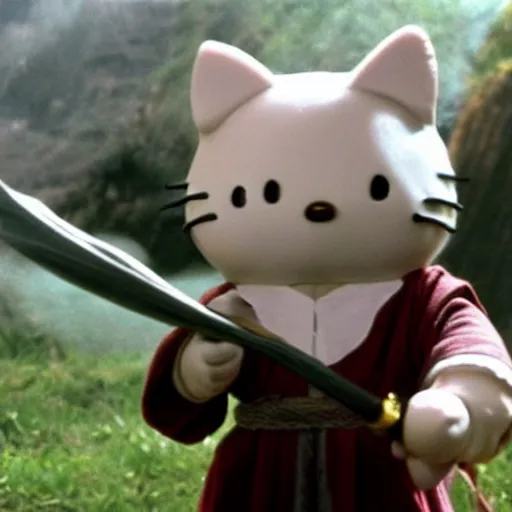 Prompt: gandalf cosplaying Hello Kitty, movie still from the lord of the rings