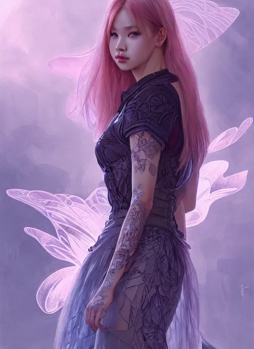 Prompt: jossi of blackpink, wearing a semi transparent dress, m, deep focus, d & d, fantasy, intricate, elegant, highly detailed, digital painting, artstation, concept art, matte, sharp focus, illustration, hearthstone, art by artgerm and greg rutkowski and alphonse mucha