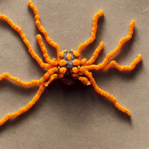 Prompt: A spider with cheetos as arms, hyperrealism, 4k