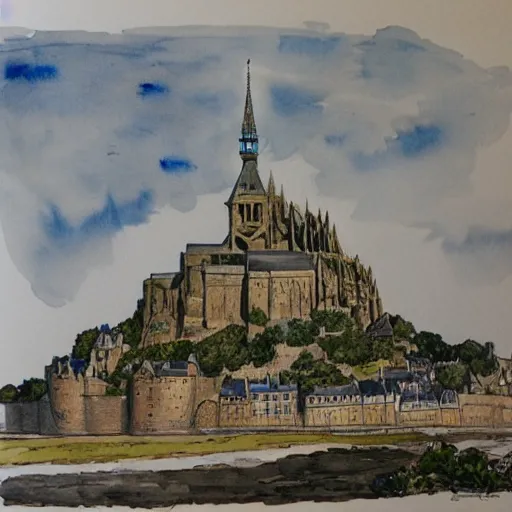 Image similar to watercolour painting of mont - saint - michel by john blanche, michael kirkbride, high detail, very intricate, vertcial lines, watercolour on paper, ink outlines