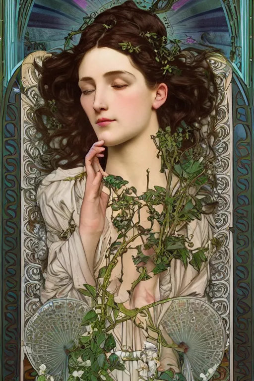 Prompt: a goddess of magnolia a queen of the garden, meditating! with a beautiful symmetrical face!!! cinematic lightning, isolated, studio lighting by alphonse mucha and tom bagshaw