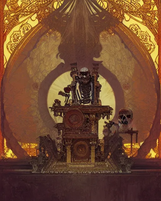 Prompt: ancient skeleton sits on a throne in an old temple with godrays, gorgeous, amazing, intricate, highly detailed, digital painting, artstation, concept art, sharp focus, illustration, art by greg rutkowski and alphonse mucha