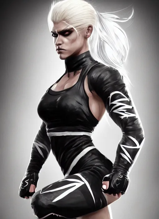 Image similar to a highly detailed illustration of fierce ponytail platinum blonde woman wearing black mma gear and gloves, dramatic powerful kicking pose, fairly muscular, athletic, intricate, elegant, highly detailed, centered, digital painting, artstation, concept art, smooth, sharp focus, league of legends concept art, WLOP