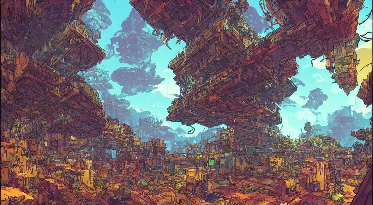 Image similar to open door wood wall fortress airship greeble block amazon jungle on portal unknow world ambiant fornite colorful that looks like it is from borderlands and by feng zhu and loish and laurie greasley, victo ngai, andreas rocha, john harris