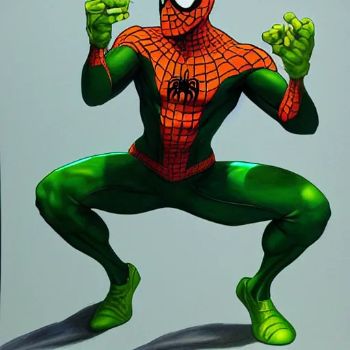 Prompt: an orange and green spiderman by artgerm