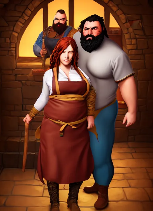 Prompt: an epic fantasy comic book style portrait painting of a hearty man with a big belly and thick beard and large woman who are a couple in a tavern with them both wearing aprons, unreal 5, daz, hyperrealistic, octane render, cosplay, rpg portrait, dynamic lighting